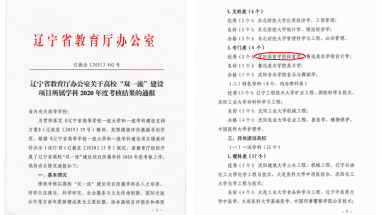我校体育学学科连续获得辽宁省“双一流”建设项目年度考核优秀